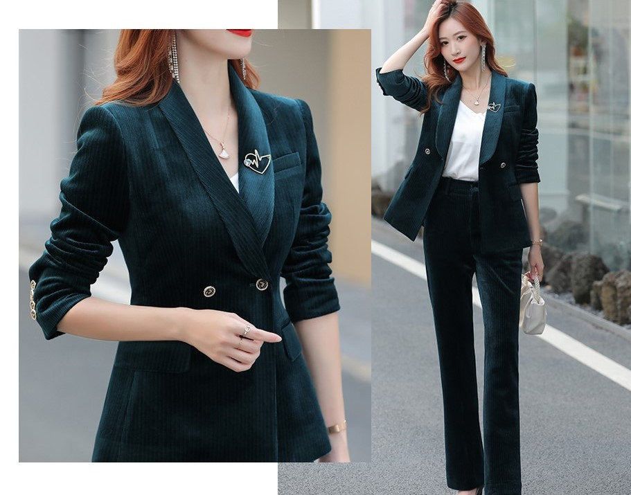 Green high class slim cut pantsuit, designer woman velvet suit jacket/ blazer + pants, Smart Causal/ Formal/ Party Event/ Prom Wedding/Gift