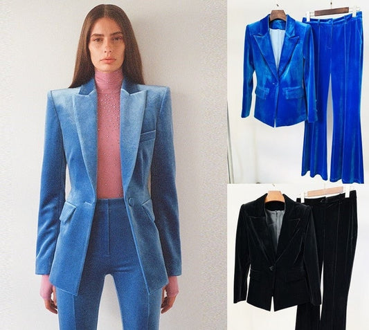 Blue/ black velvet pantsuit, designer woman suit jacket/ blazer + boot cut pants, Smart Causal/ Formal/ Party Event/ Prom Wedding/Gift