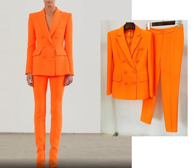 Sharp orange pantsuit, designer woman slim cut suit jacket/ blazer + pants, Smart Causal/ Formal/ Party Event/ Prom Wedding/Gift