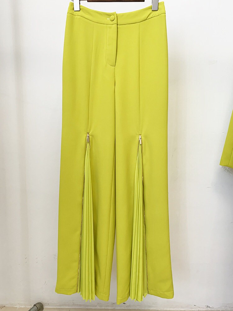 Yellow green/ white pantsuit, designer woman suit jacket/ blazer + pants sharp color, Smart Causal/ Formal/ Party Event/ Prom Wedding/Gift