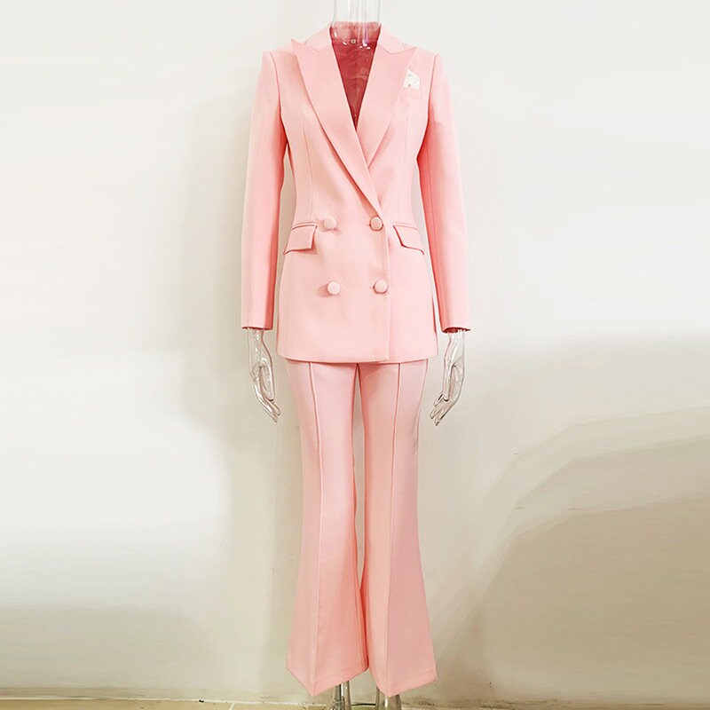 Pink glossy pantsuit, designer woman suit jacket/ blazer + boot cut pants, Smart Causal/ Formal/ Party Event/ Prom Wedding/Gift