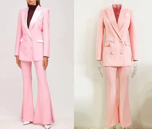 Pink glossy pantsuit, designer woman suit jacket/ blazer + boot cut pants, Smart Causal/ Formal/ Party Event/ Prom Wedding/Gift