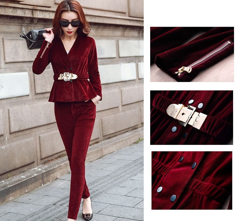 Dark Red/Black Velvet Slim cut Pantsuit, Big Belt Designer Women Suit Jacket + Pants, Smart Causal/ Formal/ Party Event/ Prom Wedding