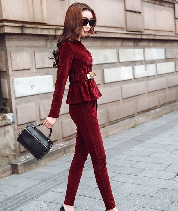 Dark Red/Black Velvet Slim cut Pantsuit, Big Belt Designer Women Suit Jacket + Pants, Smart Causal/ Formal/ Party Event/ Prom Wedding