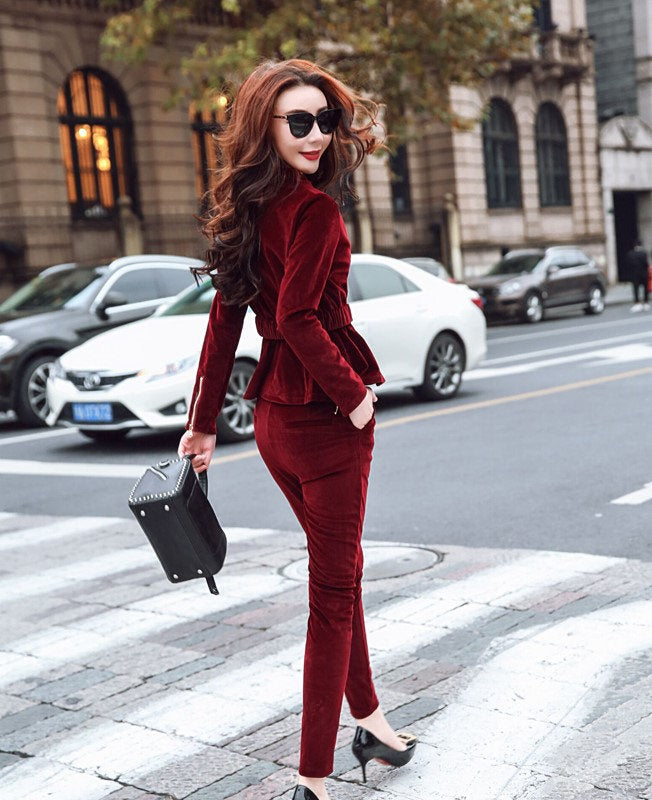 Dark Red/Black Velvet Slim cut Pantsuit, Big Belt Designer Women Suit Jacket + Pants, Smart Causal/ Formal/ Party Event/ Prom Wedding