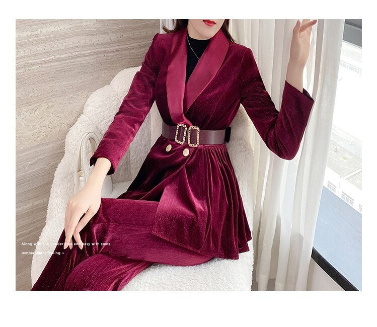 Red Golden Velvet Pantsuit, Designer Women long sleeves winter Suit Jacket + Ankle length Pants + Belt, Smart Causal/ Formal/ Party /Wedding