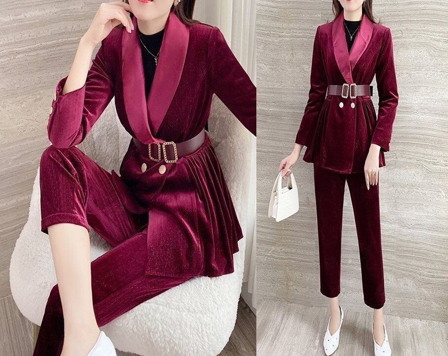 Red Golden Velvet Pantsuit, Designer Women long sleeves winter Suit Jacket + Ankle length Pants + Belt, Smart Causal/ Formal/ Party /Wedding