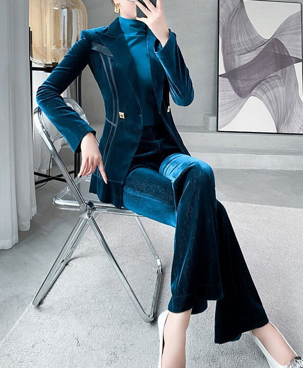 Blue Golden Velvet Pantsuit, Designer Women long sleeves winter Suit Jacket + Pants, Smart Causal/ Formal/ Party Event/ Prom Wedding/Gift