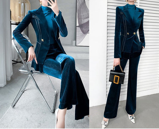 Blue Golden Velvet Pantsuit, Designer Women long sleeves winter Suit Jacket + Pants, Smart Causal/ Formal/ Party Event/ Prom Wedding/Gift