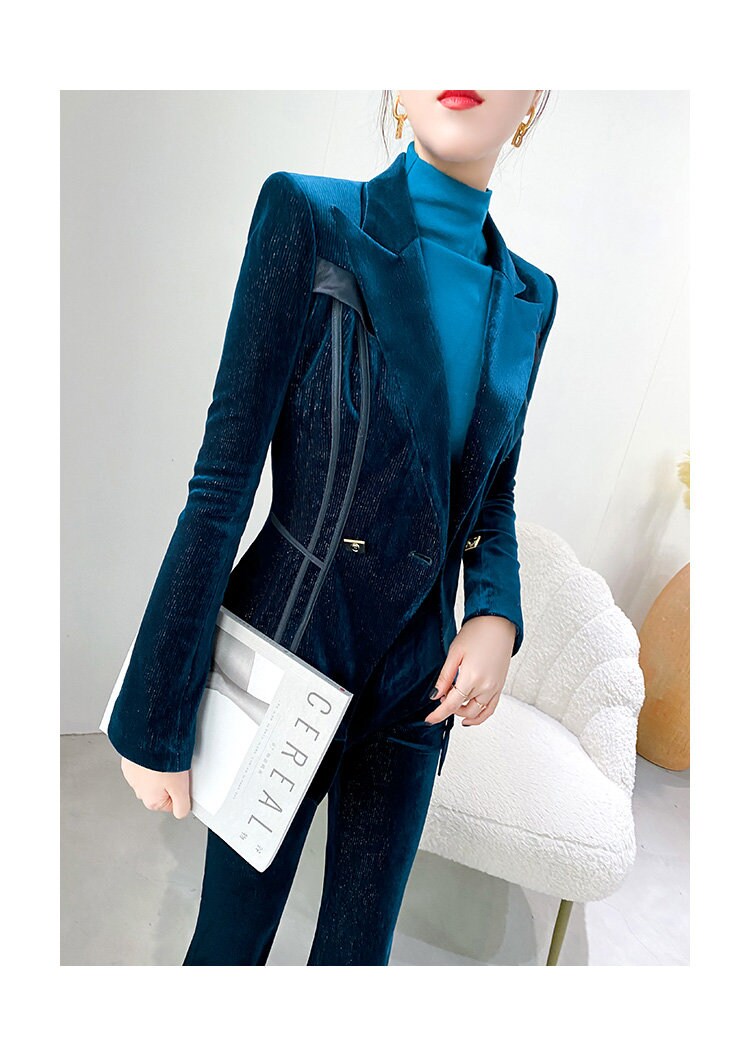 Blue Golden Velvet Pantsuit, Designer Women long sleeves winter Suit Jacket + Pants, Smart Causal/ Formal/ Party Event/ Prom Wedding/Gift