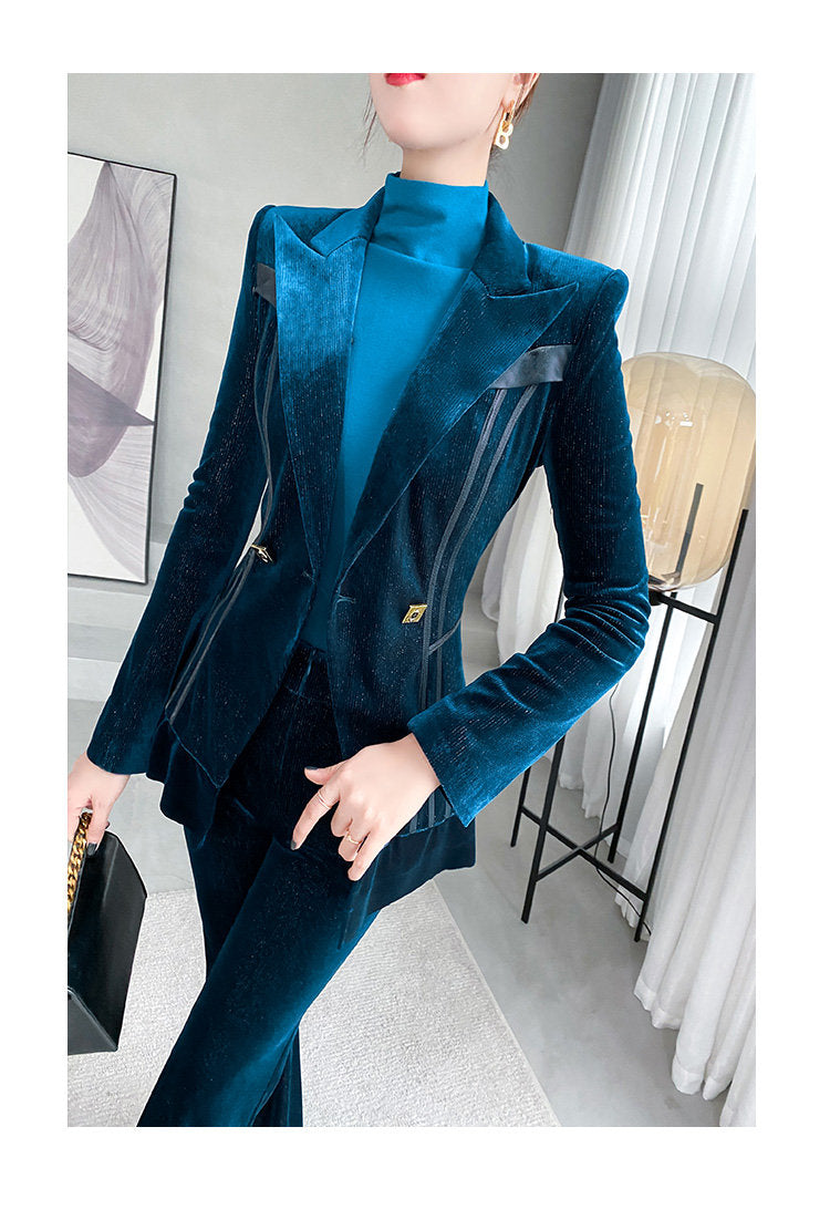 Blue Golden Velvet Pantsuit, Designer Women long sleeves winter Suit Jacket + Pants, Smart Causal/ Formal/ Party Event/ Prom Wedding/Gift