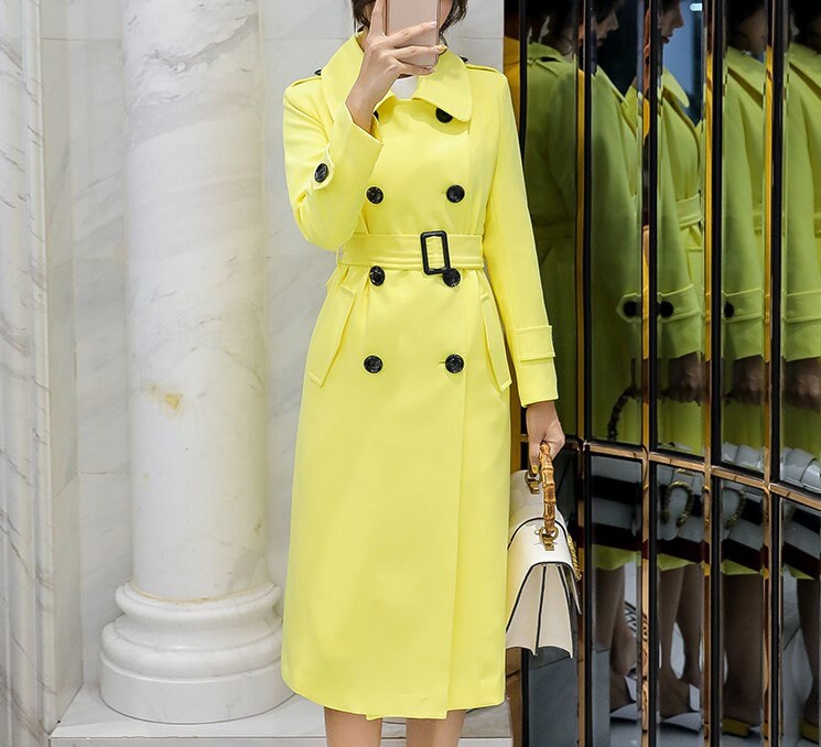 Yellow slim cut trench coat, designer woman minimalist long coat , Smart Causal/ Formal/ Party Event/ Prom Wedding/Gift