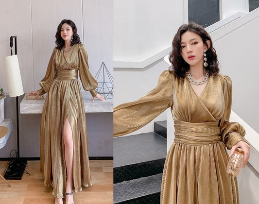 Golden one piece dress, designer trendy gold/ silver sexy dress v neck, Smart Causal/ Formal/ Party Event/ Prom Wedding/Gift