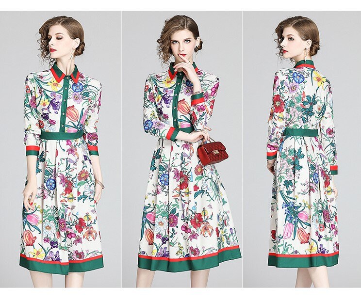 Designer classic art pattern dress, women one-piece dress with floral graphics pattern, dress for formal or casual