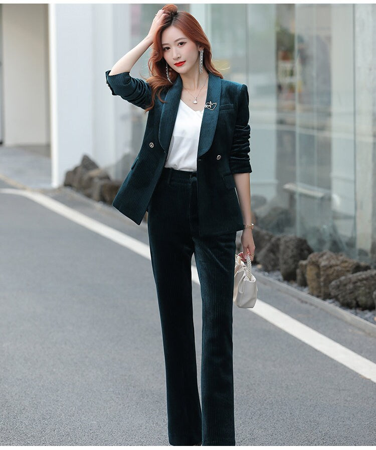 Green high class slim cut pantsuit, designer woman velvet suit jacket/ blazer + pants, Smart Causal/ Formal/ Party Event/ Prom Wedding/Gift