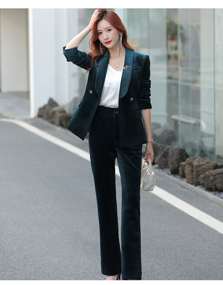 Green high class slim cut pantsuit, designer woman velvet suit jacket/ blazer + pants, Smart Causal/ Formal/ Party Event/ Prom Wedding/Gift