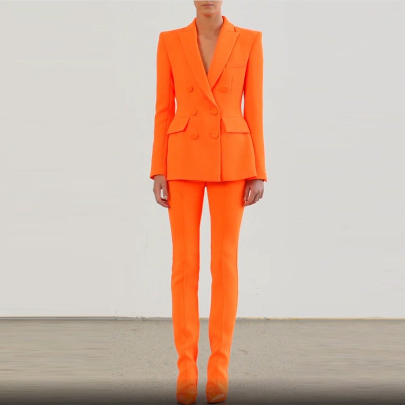 Sharp orange pantsuit, designer woman slim cut suit jacket/ blazer + pants, Smart Causal/ Formal/ Party Event/ Prom Wedding/Gift