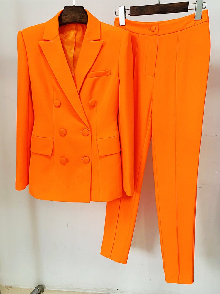 Sharp orange pantsuit, designer woman slim cut suit jacket/ blazer + pants, Smart Causal/ Formal/ Party Event/ Prom Wedding/Gift