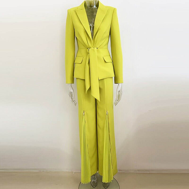 Yellow green/ white pantsuit, designer woman suit jacket/ blazer + pants sharp color, Smart Causal/ Formal/ Party Event/ Prom Wedding/Gift