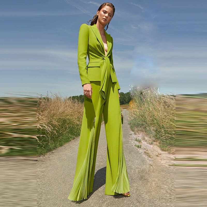 Yellow green/ white pantsuit, designer woman suit jacket/ blazer + pants sharp color, Smart Causal/ Formal/ Party Event/ Prom Wedding/Gift