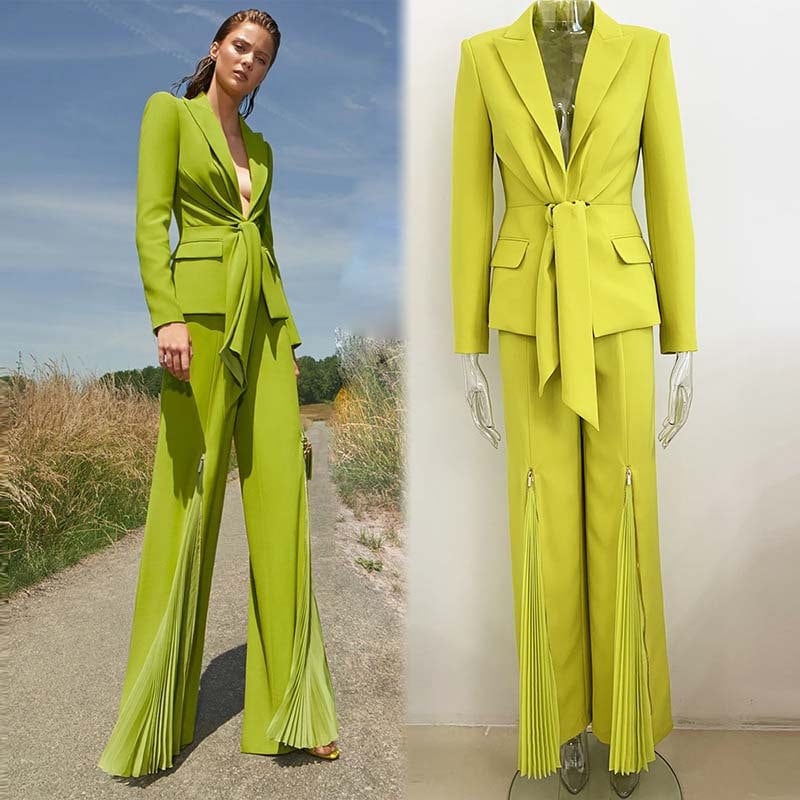 Yellow green/ white pantsuit, designer woman suit jacket/ blazer + pants sharp color, Smart Causal/ Formal/ Party Event/ Prom Wedding/Gift