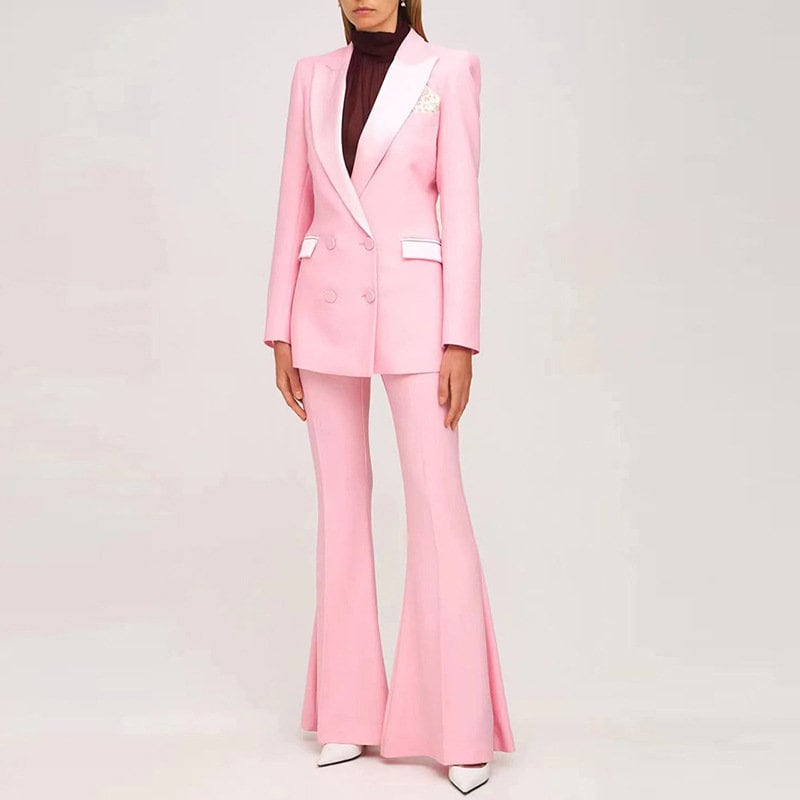 Pink glossy pantsuit, designer woman suit jacket/ blazer + boot cut pants, Smart Causal/ Formal/ Party Event/ Prom Wedding/Gift