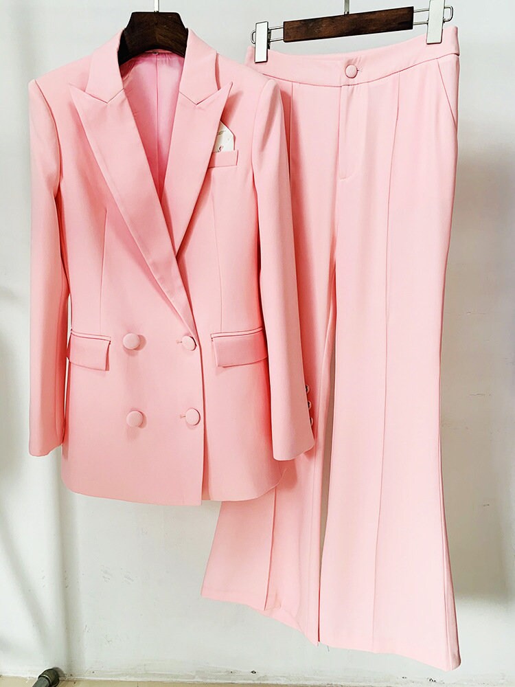 Pink glossy pantsuit, designer woman suit jacket/ blazer + boot cut pants, Smart Causal/ Formal/ Party Event/ Prom Wedding/Gift