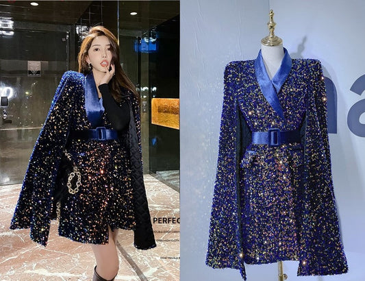 Sequin blue cape coat, shiny long coat designer woman dress, Smart Causal/ Formal/ Party Event/ Prom Wedding/Gift