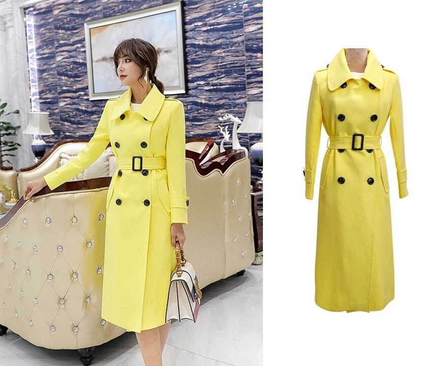 Yellow slim cut trench coat, designer woman minimalist long coat , Smart Causal/ Formal/ Party Event/ Prom Wedding/Gift