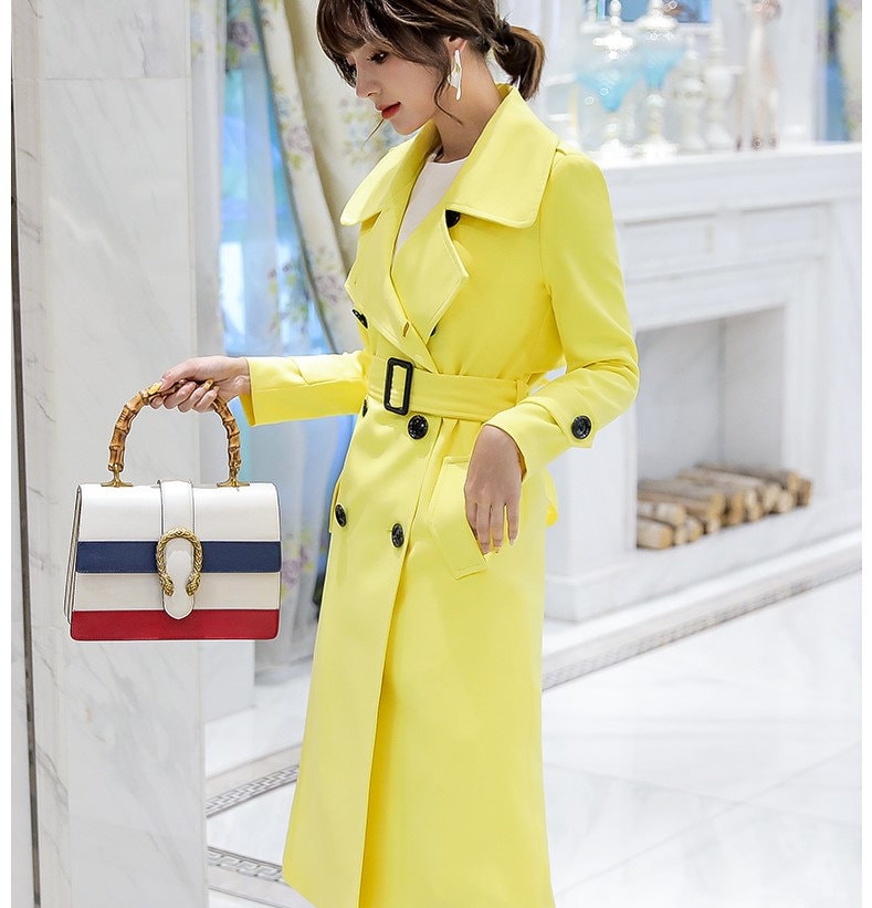 Yellow slim cut trench coat, designer woman minimalist long coat , Smart Causal/ Formal/ Party Event/ Prom Wedding/Gift