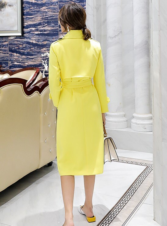 Yellow slim cut trench coat, designer woman minimalist long coat , Smart Causal/ Formal/ Party Event/ Prom Wedding/Gift