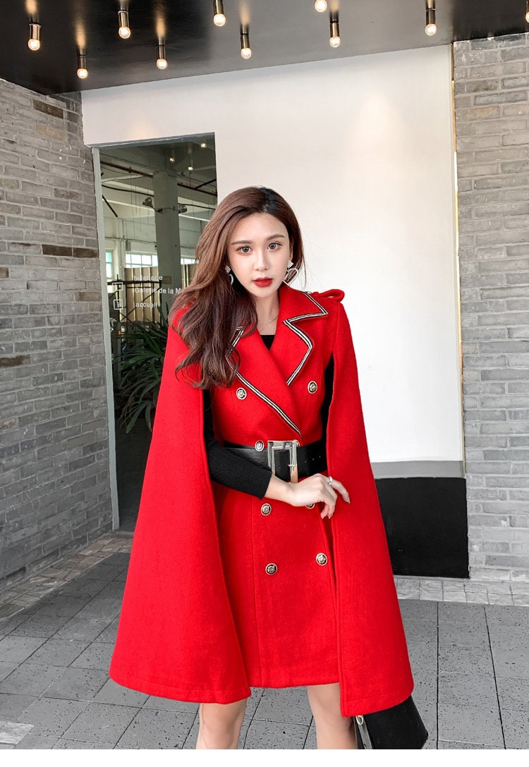 Red/black cape coat double breast, designer woman long winger coat, Smart Causal/ Formal/ Party Event/ Prom Wedding/Gift