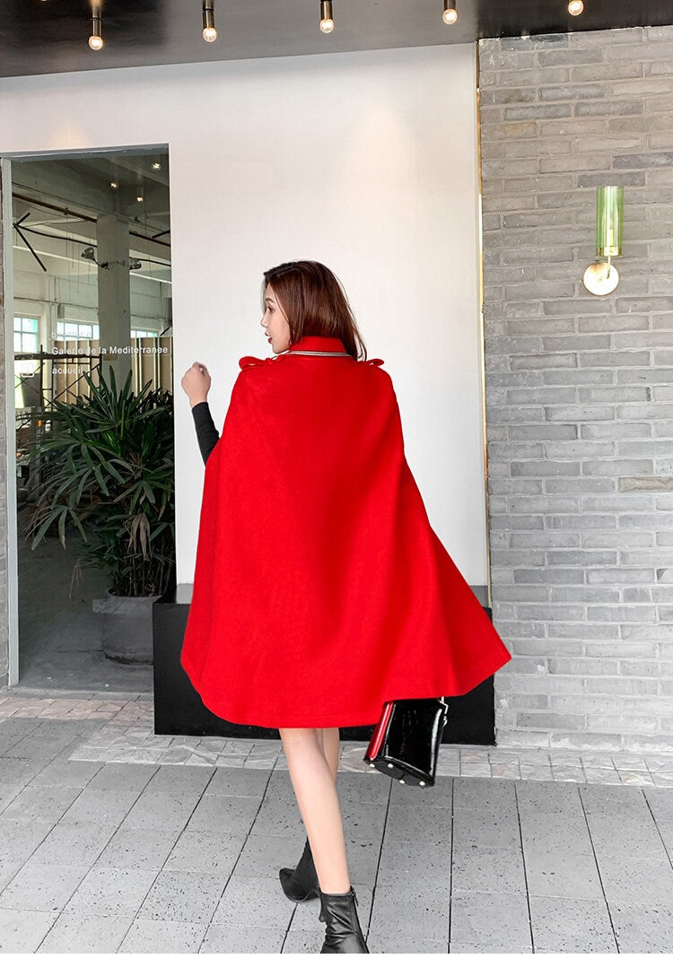 Red/black cape coat double breast, designer woman long winger coat, Smart Causal/ Formal/ Party Event/ Prom Wedding/Gift