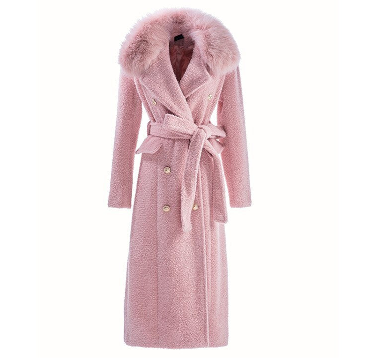 Deluxe pink/ white fur trench coat, designer woman think winter coat double breast, Smart Causal/ Formal/ Party Event/ Prom Wedding/Gift