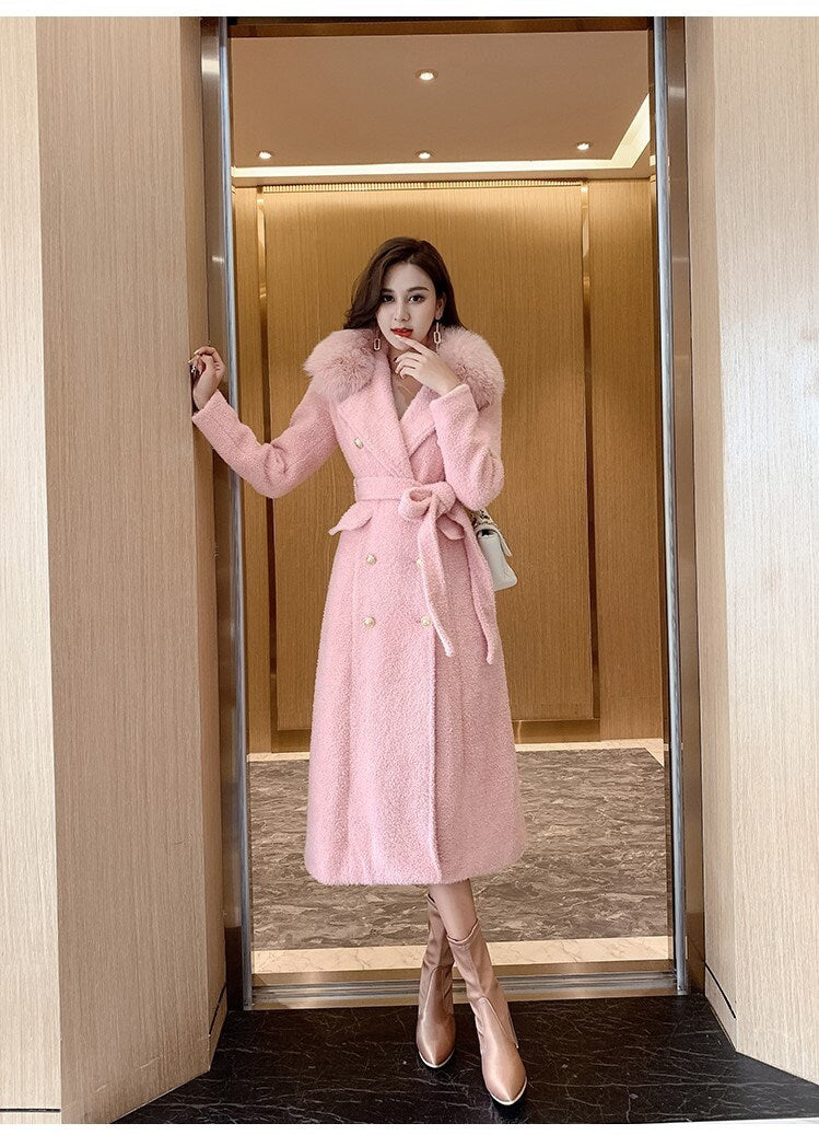 Deluxe pink/ white fur trench coat, designer woman think winter coat double breast, Smart Causal/ Formal/ Party Event/ Prom Wedding/Gift