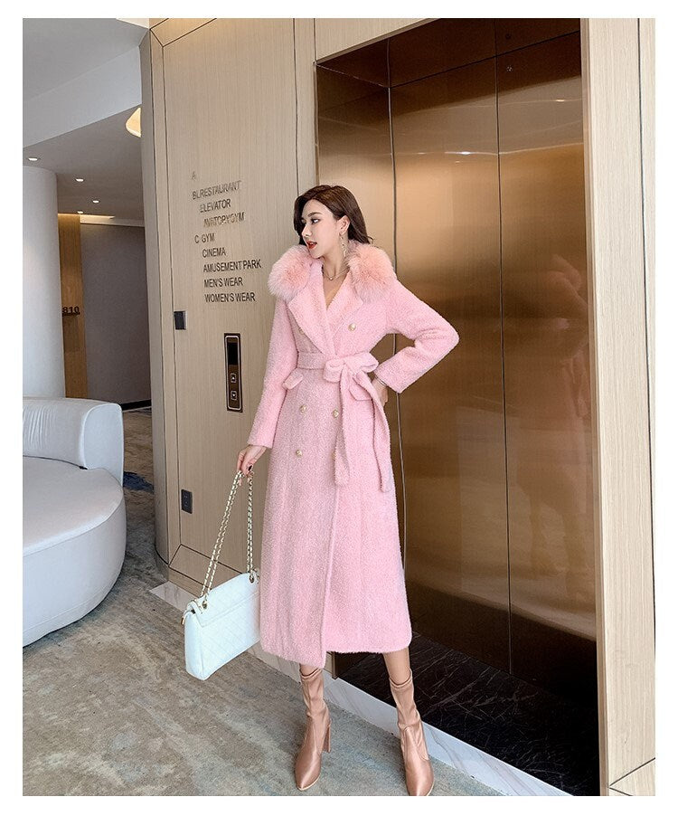 Deluxe pink/ white fur trench coat, designer woman think winter coat double breast, Smart Causal/ Formal/ Party Event/ Prom Wedding/Gift