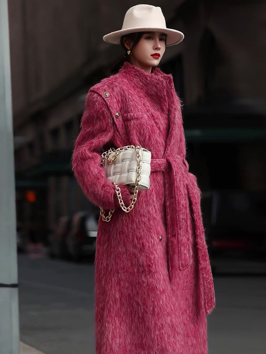 Pink Wool Trench Coat, designer woman fur winter long coat, Smart Causal/ Formal/ Party Event/ Prom Wedding/Gift