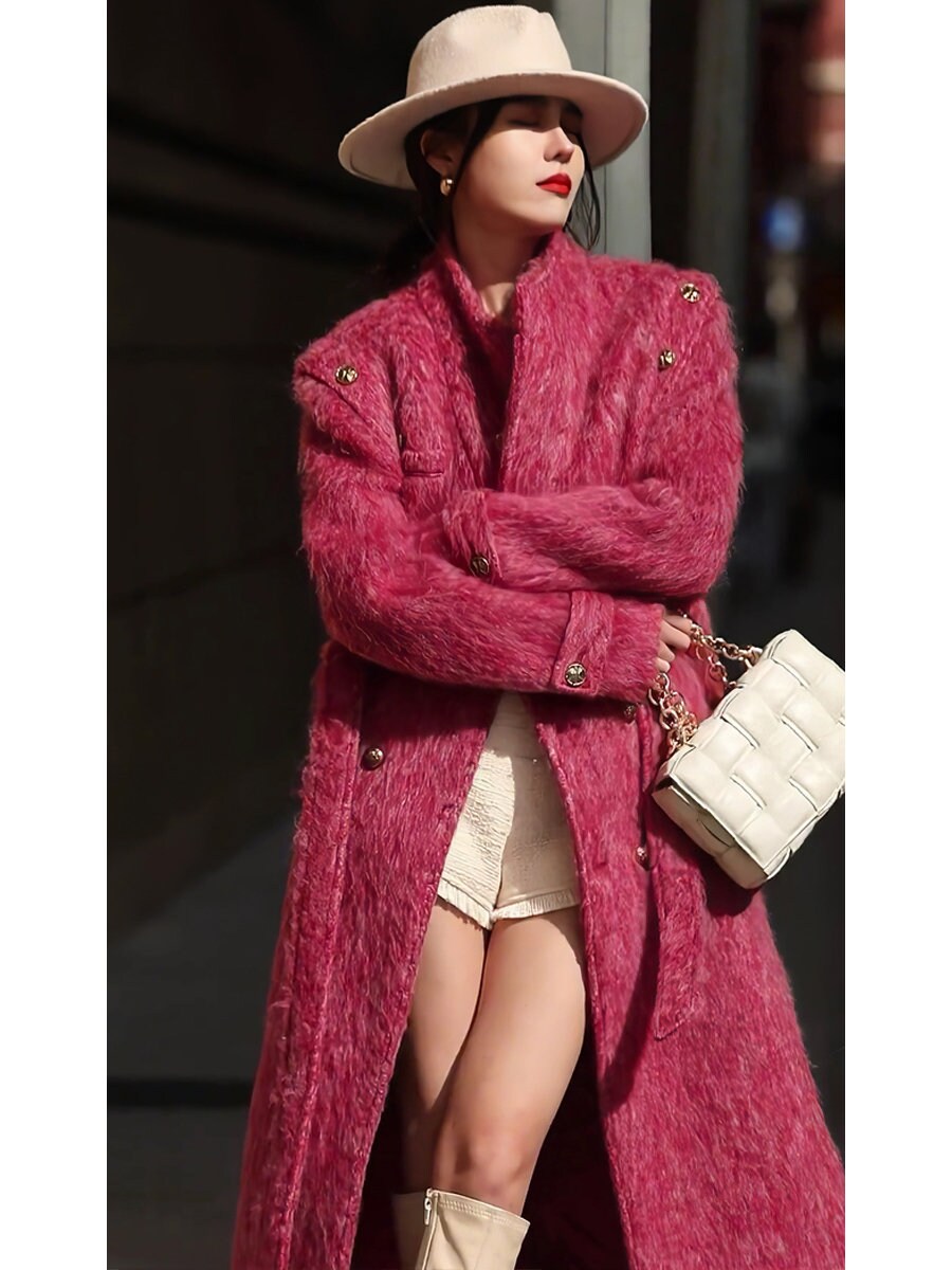 Pink Wool Trench Coat, designer woman fur winter long coat, Smart Causal/ Formal/ Party Event/ Prom Wedding/Gift