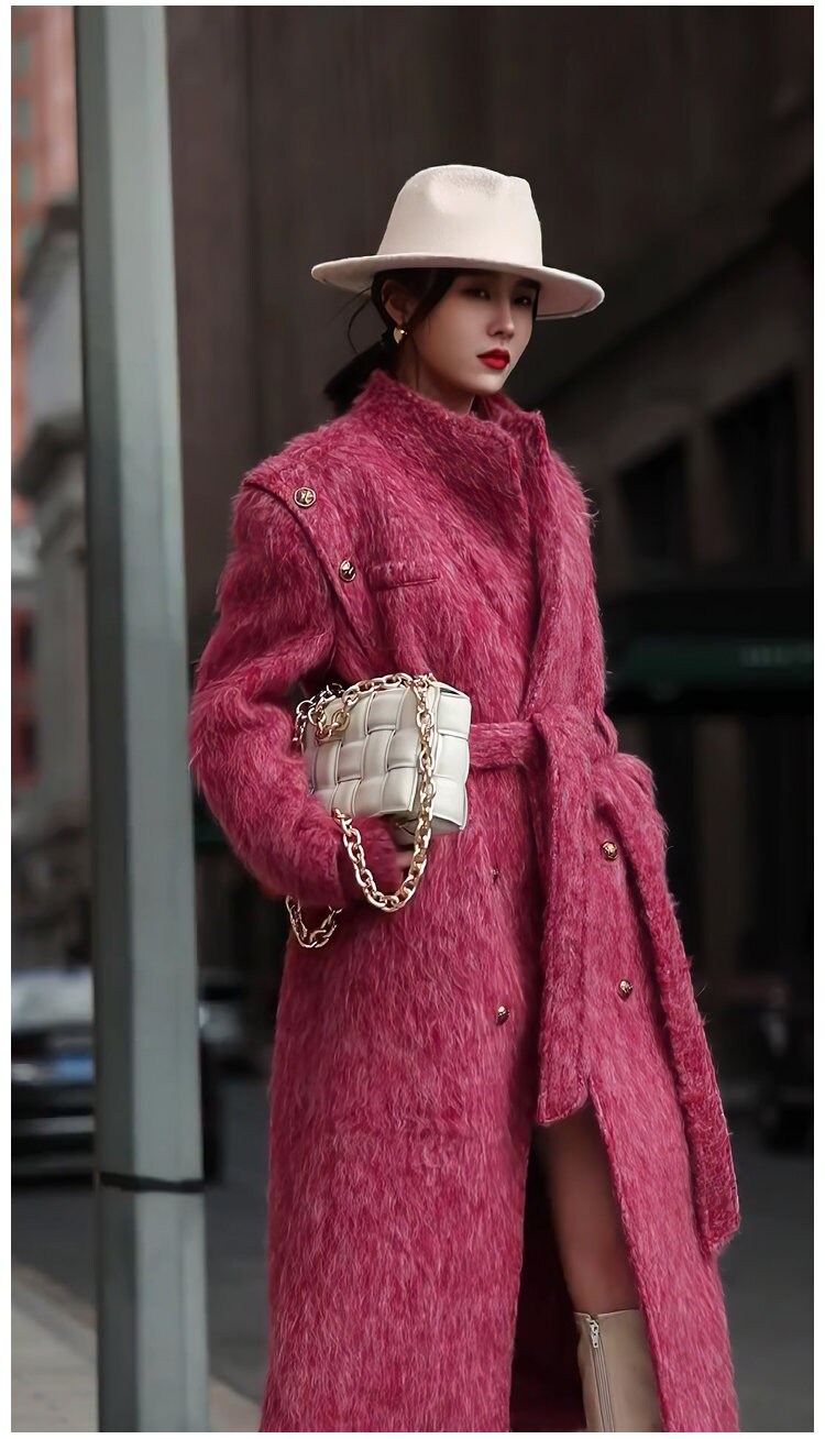 Pink Wool Trench Coat, designer woman fur winter long coat, Smart Causal/ Formal/ Party Event/ Prom Wedding/Gift