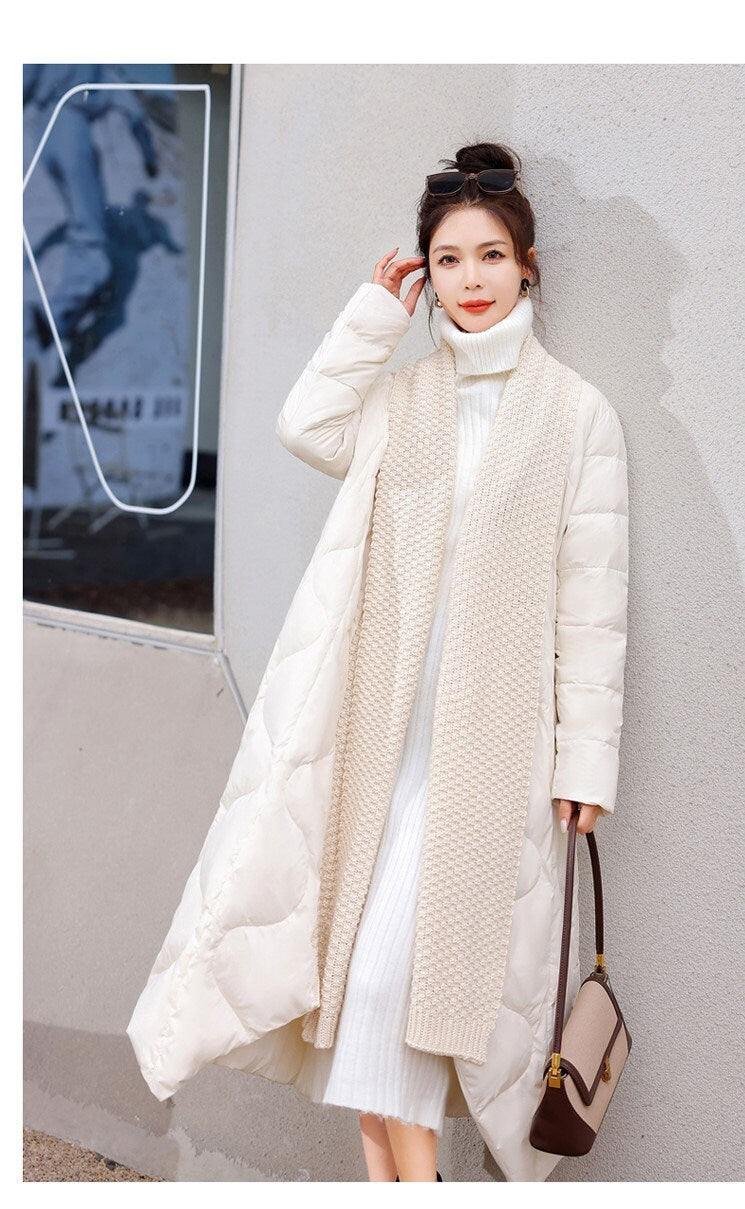 Knitted patchwork down trench coat , designer woman long coat in white/ brown/ black, Smart Causal/ Party Event/ Prom Wedding/Gift