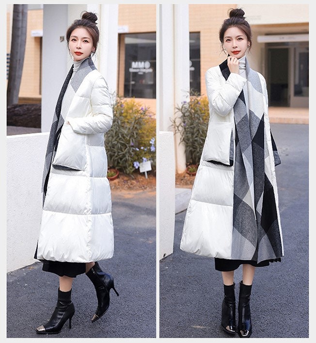 Knitted patchwork down trench coat , designer woman long coat in white/ black stripes, Smart Causal/ Party Event/ Prom Wedding/Gift