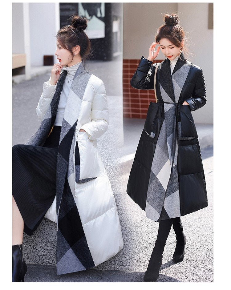 Knitted patchwork down trench coat , designer woman long coat in white/ black stripes, Smart Causal/ Party Event/ Prom Wedding/Gift