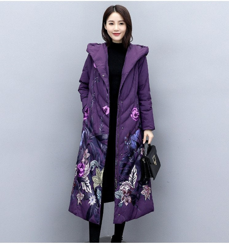 Floral embroidery down trench coat , designer woman wool long coat in blue/ black, Smart Causal/ Party Event/ Prom Wedding/Gift