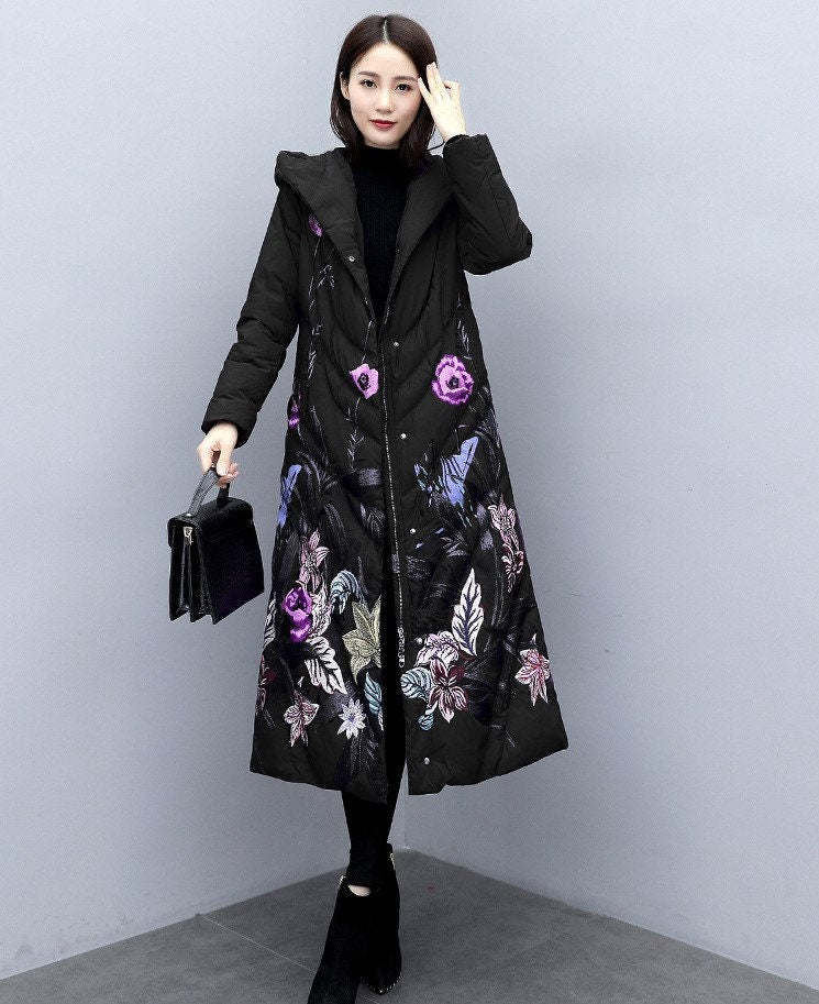 Floral embroidery down trench coat , designer woman wool long coat in blue/ black, Smart Causal/ Party Event/ Prom Wedding/Gift