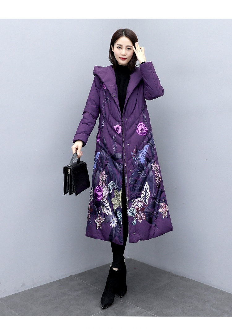 Floral embroidery down trench coat , designer woman wool long coat in blue/ black, Smart Causal/ Party Event/ Prom Wedding/Gift