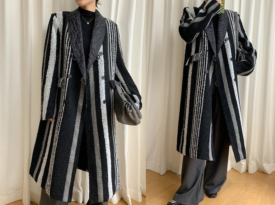 Striped patchwork trench coat, designer woman trendy long wool coat, Smart Causal/ Party Event/ Prom Wedding/Gift