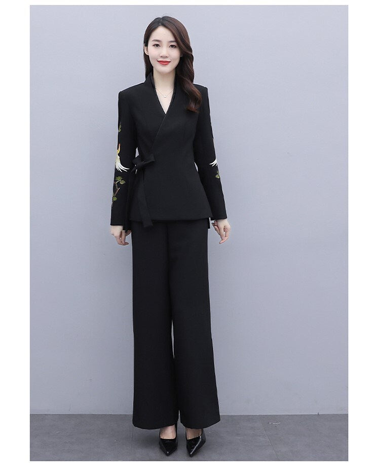 Oriental embroidery pantsuit, designer woman trendy blazer + pants, Smart Causal suit set/ Party Event/ Prom Wedding/Gift