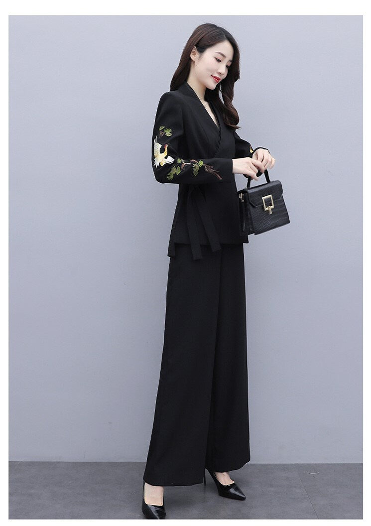 Oriental embroidery pantsuit, designer woman trendy blazer + pants, Smart Causal suit set/ Party Event/ Prom Wedding/Gift