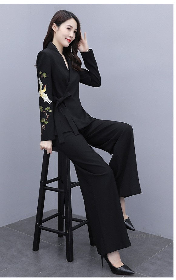 Oriental embroidery pantsuit, designer woman trendy blazer + pants, Smart Causal suit set/ Party Event/ Prom Wedding/Gift