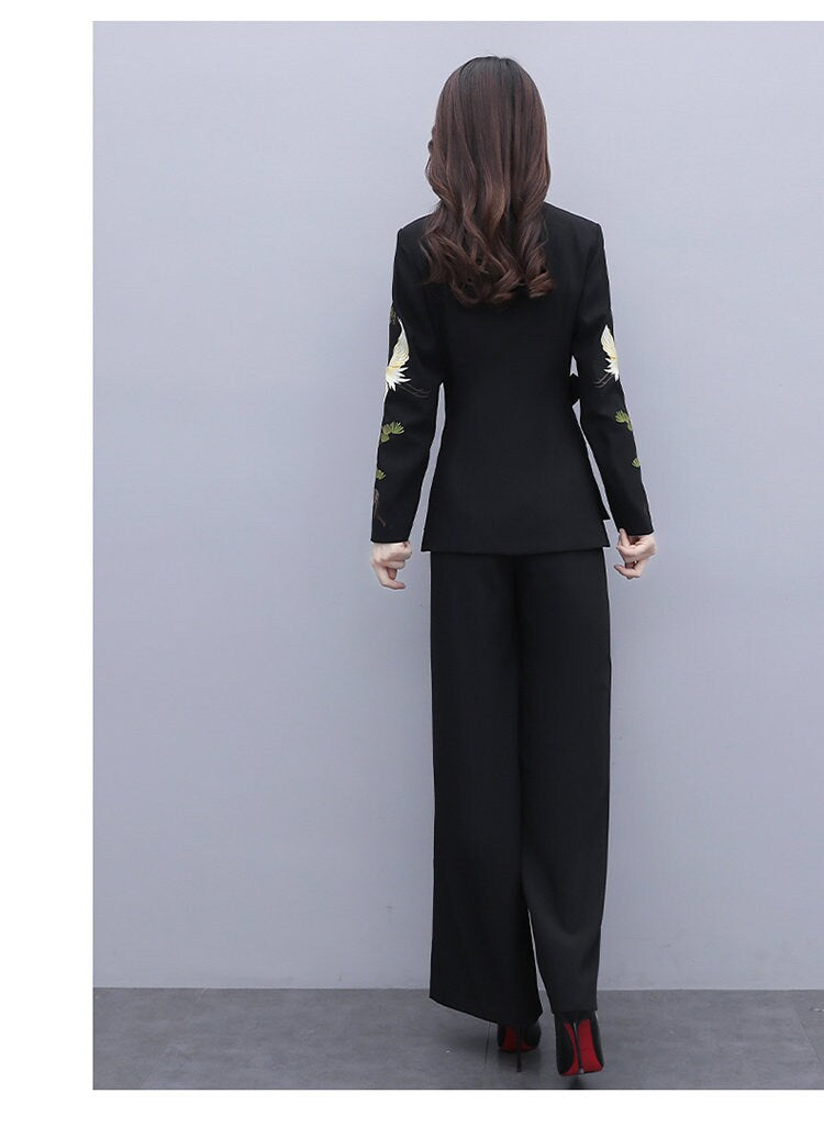 Oriental embroidery pantsuit, designer woman trendy blazer + pants, Smart Causal suit set/ Party Event/ Prom Wedding/Gift